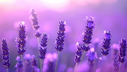 Obraz premium Close Up Purple Lavender Flowers in Sunny Field Under Soft Bokeh Background Creates a Calming Scene