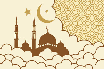 Elegant mosque silhouette with crescent moon and clouds in golden pattern