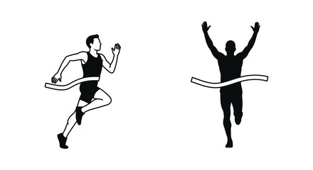 A runner crossing the finish line depicted in a simple black and white style
