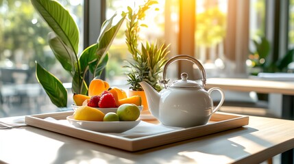 Fresh fruits and teapot on a sunny table.