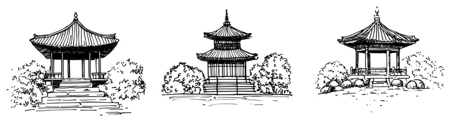 Traditional Asian Pagoda and Gazebo Sketch Illustrations