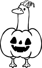 Halloween Silly Goose with Pumpkin Costume Cartoon Hand Drawn Outline doodle