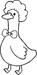 Halloween Silly Goose Clown with Bowtie and Wig Cartoon Hand Drawn Outline doodle
