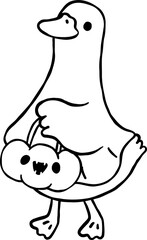 Halloween Silly Goose Ghost sheet holding pumpkin basket  Cartoon Hand Drawn Outline doodle