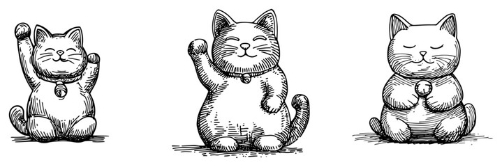 Maneki Neko Lucky Cat Figurines Collection Set black shape vector laser cutting engraving monochrome print