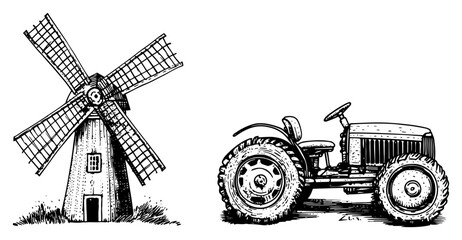 Vintage Farming Sketches with a Windmill and Tractor