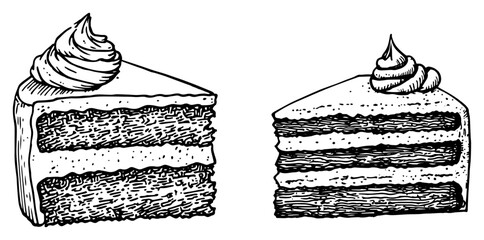 Slice of Layer Cake with Cream Topping a Vintage Dessert Sketch Vector Illustration