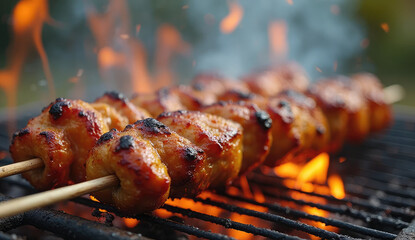 Delicious Chicken Skewers Grilling Over Flaming Charcoal