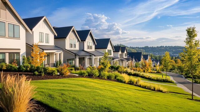 Row of modern suburban houses with manicured lawns and trees in autumn 4k video