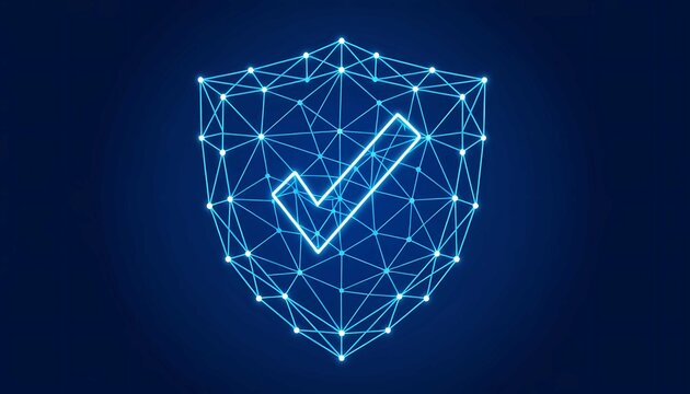 A glowing digital shield with a checkmark symbolizes cybersecurity, data protection, and secure network access