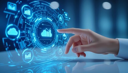Futuristic business hand touches hologram interface, digital data cloud innovation