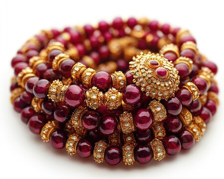 A rich, layered bracelet of deep red beads and gold accents
