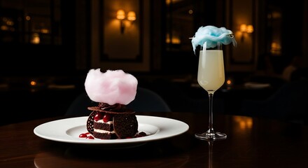 An elegant chocolate dessert and a creative cocktail, both garnished with fluffy cotton candy, served in a luxurious, dimly lit restaurant.