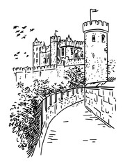 Historic Medieval Castle with a Tower Hand Drawn Vector Sketch for Engraving