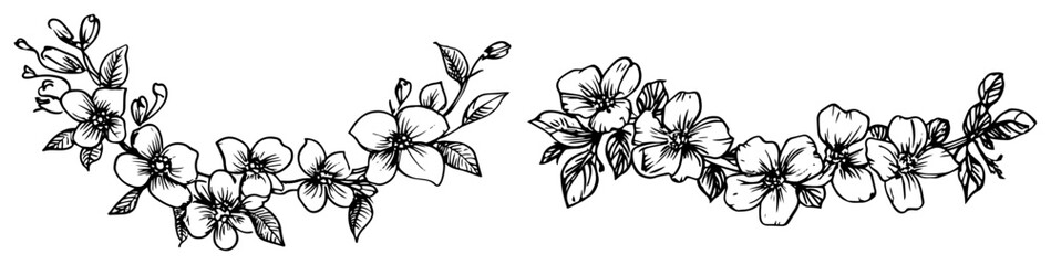 Obraz premium Hand Drawn Floral Branch with Cherry Blossoms black shape vector laser cutting engraving monochrome print