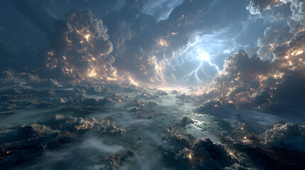 Fototapeta premium Surreal 8K cosmic battlefield scene, hyper-realistic wide shot of the War in Heaven, shattered marble fragments floating through the void, radiant and rebellious legions locked in chaotic combat,