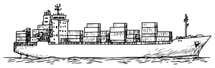 Hand Drawn Cargo Container Ship at Sea