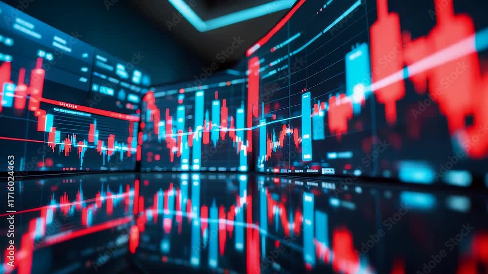 Poster digital stock trading chart with red and blue candlestick graph on curved led screens showing market