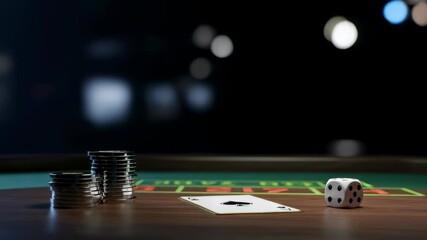 Casino gambling table with rotating ace card, dice, and poker chips. Gaming for fortune, sport betting, and entertainment footage. - Powered by Adobe