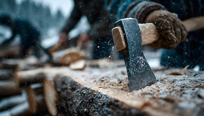 Man chopping wood with axe, winter preparation activity