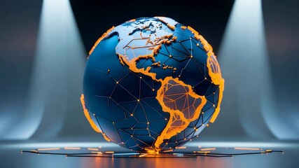Digital globe with glowing orange network connections across continents under dramatic spotlight in modern technology and communication concept - Powered by Adobe