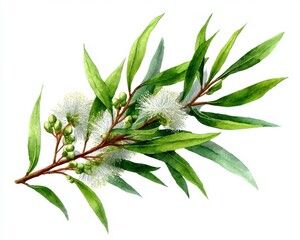 Watercolor Leaves and Blooms of Tea Tree: Botanical Artwork of Melaleuca alternifolia on Clean White Background