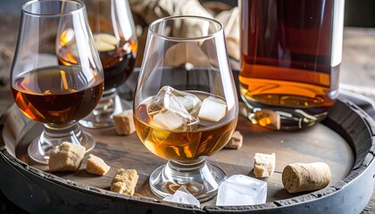 Amber spirits drinks on rustic wooden tray