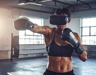 Woman Boxer Wearing VR Headset Training Intensely
