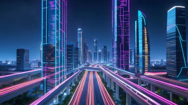 Modern neon city skyline with illuminated skyscrapers and glowing highways, vibrant cyberpunk urban nightscape showcasing architecture and technology