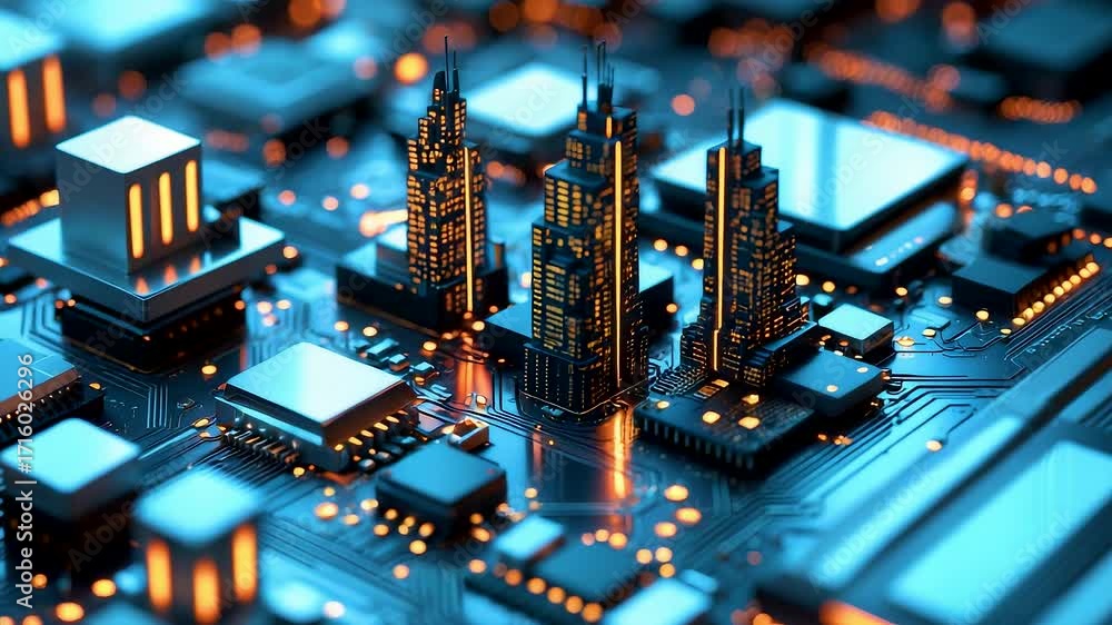 Poster abstract digital cityscape built on computer microchip with glowing skyscrapers, electronic circuits