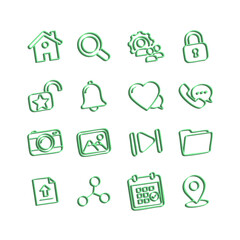 Green Outline UI Icons — Hand‑Drawn Sketch Style Pack (16 Icons)