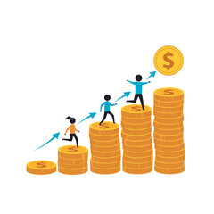 People climbing stacks of coins representing financial growth and success.