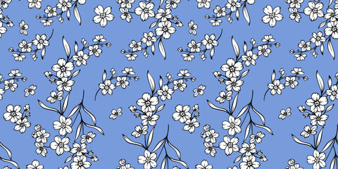 Floral seamless pattern with Forget-me-nots. Flower background. Trendy Flower pattern hand drawn line art design. Elegant seamless background minimalist style
