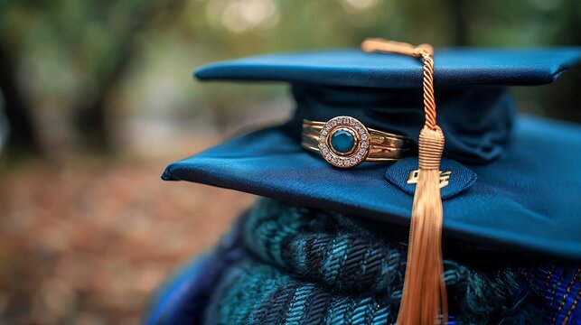 A dark blue graduation cap with a gold ring and tassel rests on a scarf with a blurred outdoor background