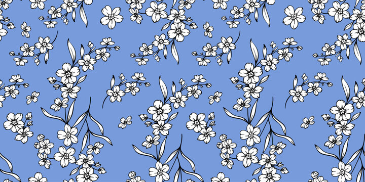 Floral seamless pattern with Forget-me-nots. Flower background. Trendy Flower pattern hand drawn line art design. Elegant seamless background minimalist style