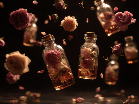 Floating bottles filled with rose petals and infused liquid.