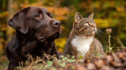 Autumn Harmony: Brown Labrador and Cat Enjoying the Outdoors Together