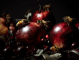 Bees buzzing around ripe red apples in dramatic lighting.