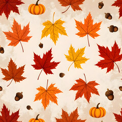 Fototapeta premium pattern of colorful autumn leaves, acorns, and pinecones scattered on a textured, vintage-style paper background. The leaves are in warm shades of orange, yellow, and red.