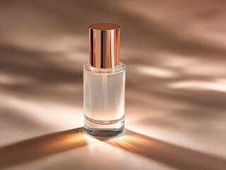 Elegant glass bottle with golden cap, ideal for cosmetic displays.