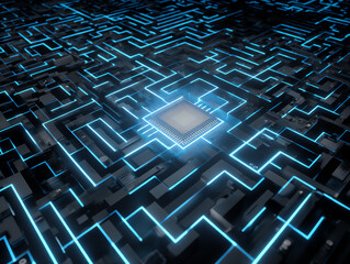 Futuristic circuit board with glowing pathways and a central chip.