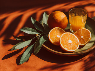 Fresh oranges with juice on a vibrant orange background.