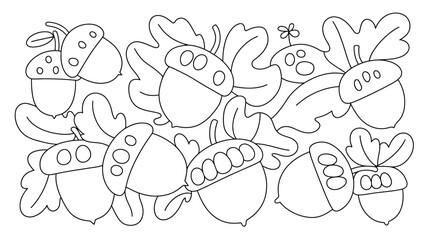 A detailed black and white outline drawing of acorns and leaves in a pattern for coloring book use