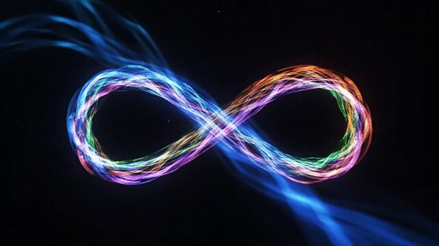 Infinity symbol glows with vibrant colors against a dark backdrop, representing endless possibilities and the interconnectedness of everything in a mesmerizing display.