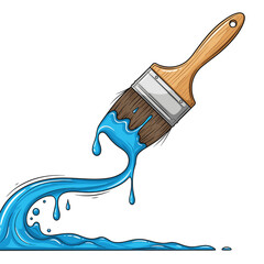 A paintbrush is shown creating a flowing line of vibrant blue paint across a white background.