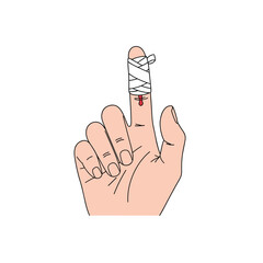 An illustration of a bandaged finger with a small cut and blood droplet.