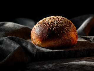 Freshly baked sesame bun on a dark textured surface.