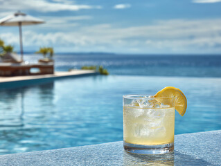 Refreshing cocktail by the poolside with a scenic ocean view.