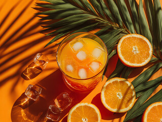 Refreshing orange drink with ice beside vibrant palm leaves.