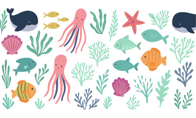 Naklejka premium Cute Underwater Animals with Coral and Seaweed Flat Pastel Vector illustration, easily editable and scalable.